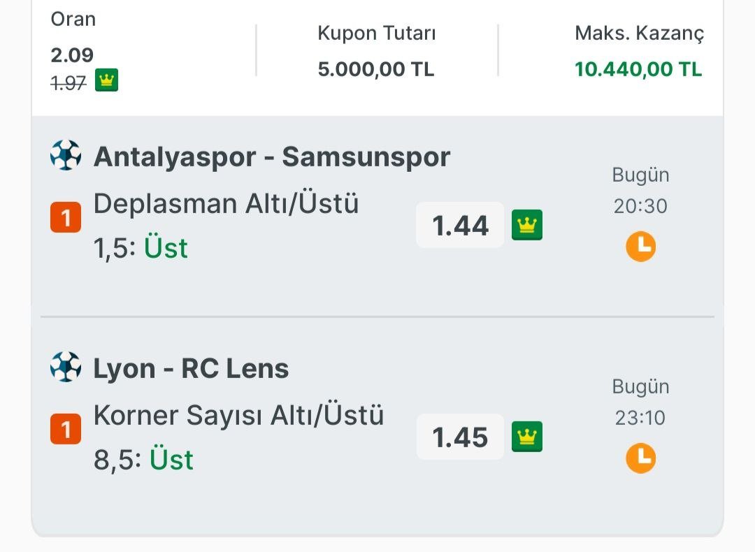 theswott's tweet photo. ⭐️ Her gün 2 oran serisi

📆 Gün 1 

👉 Kuponu değerlendirenler dostlarım beğeni ve yorum atsın.

#Samsunspor #Antalyaspor #Lyon  #lens #corner #stats #bahis #iddia #şikelimaçlar #şike #türkiye #ziraat #TelAviv https://t.co/vmkUtvBhHs
