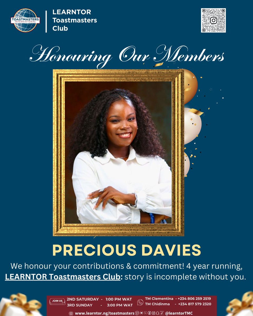 “Legacy is built by people who show up.”

<a href="/learntortmc/">Learntor Toastmasters Club</a>

 is almost 5 years strong; thank you to our member! 🙏🏽💛
Our story is incomplete without you, Precious Davies

Would you like to join us our meeting?! 👇

#LearntorToastmasters #ToastmastersNigeria #Toastmasters