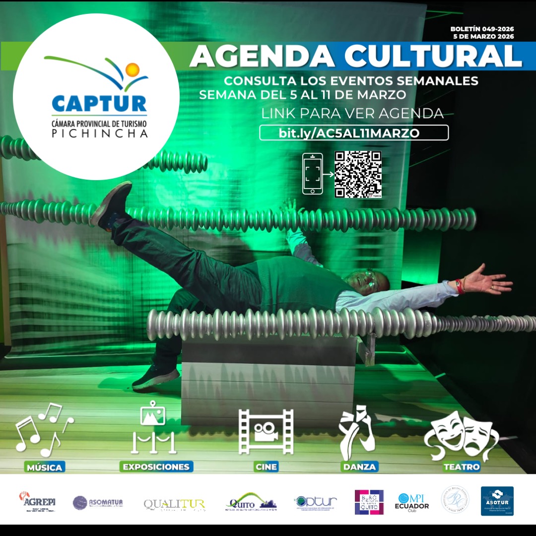 🎭 ¿Buscas qué hacer en Quito esta semana?
Descubre conciertos 🎼, exposiciones 🖼️, danza 💃, teatro 🎭 y más en la Agenda Cultural CAPTUR.
📅 Revisa los eventos aquí 👉 bit.ly/AC5AL11MARZO
#AgendaCulturalCaptur #Quito #EventosQuito