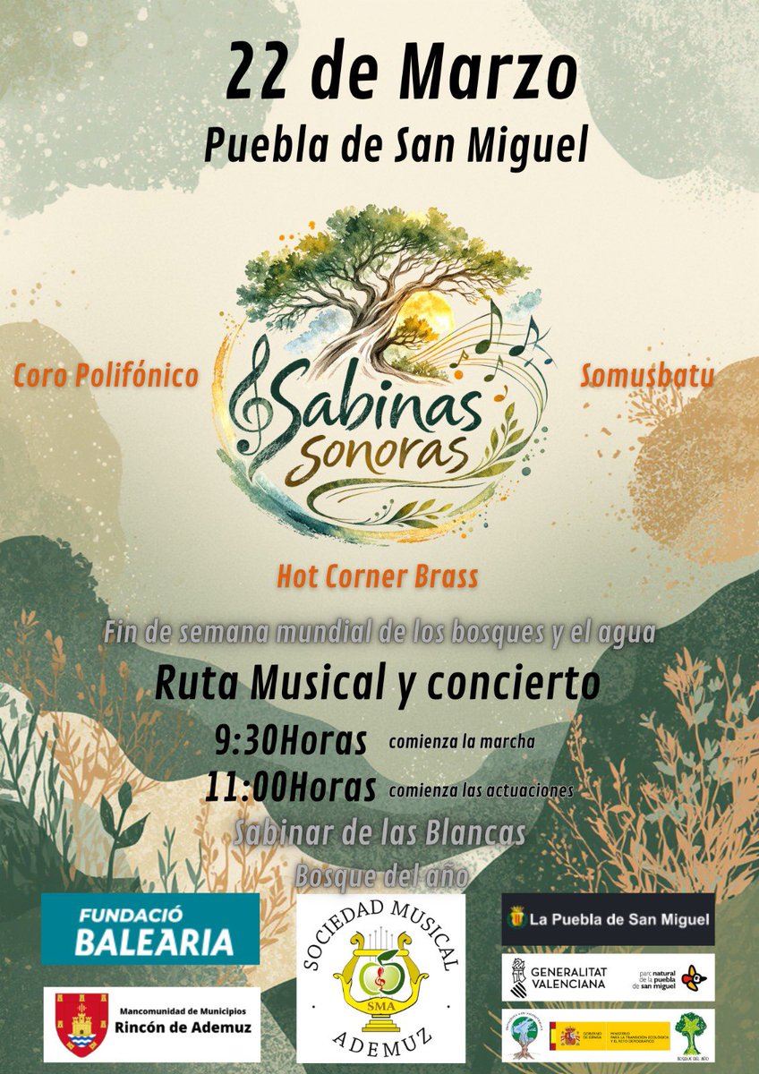 Con ocasión del Día Internacional d los Bosques y del Agua se celebrará un sugestivo concierto el próximo 22 d marzo en el Bosque del año en España formado por un sabinar <a href="/GVAMediAmbient/">M.Ambient Infraestructures Territori i Recuperació</a> <a href="/eamnupv/">EAMNUPV</a> <a href="/ingdemontes/">Ingeniería de Montes</a> <a href="/JuntosxBosques/">JuntosxBosques</a>