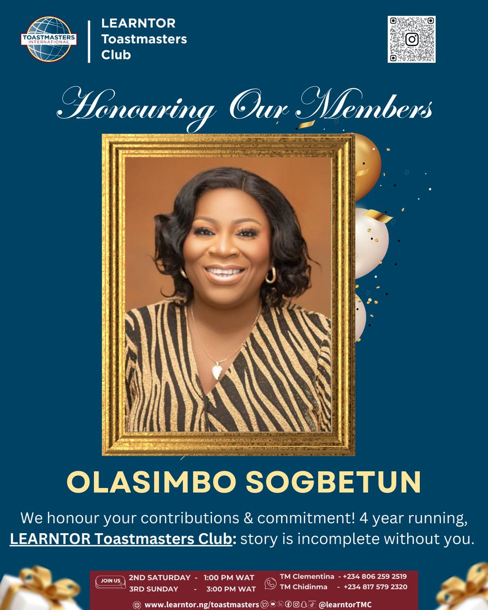 “Legacy is built by people who show up.”

<a href="/learntortmc/">Learntor Toastmasters Club</a>

 is almost 5 years strong; thank you to our member! 🙏🏽💛
Our story is incomplete without you, Olasimbo Sogbetun

Would you like to join us our meeting?! 👇

#LearntorToastmasters #ToastmastersNigeria #Toastmasters