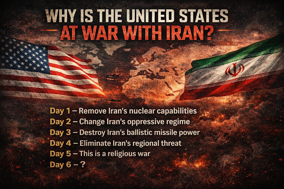 अमेरिका ईरान से युद्ध क्यों कर रहा है? इसपर अमेरिका का कहना है कि.....
दिन 1 – ईरान की परमाणु क्षमता को खत्म करना
दिन 2 –  दमनकारी सरकार को बदलना
दिन 3 – बैलिस्टिक मिसाइल शक्ति को नष्ट करना
दिन 4 – ईरान से पैदा होने वाले खतरे को खत्म करना
दिन 5 – यह एक धार्मिक युद्ध है
दिन 6 –?