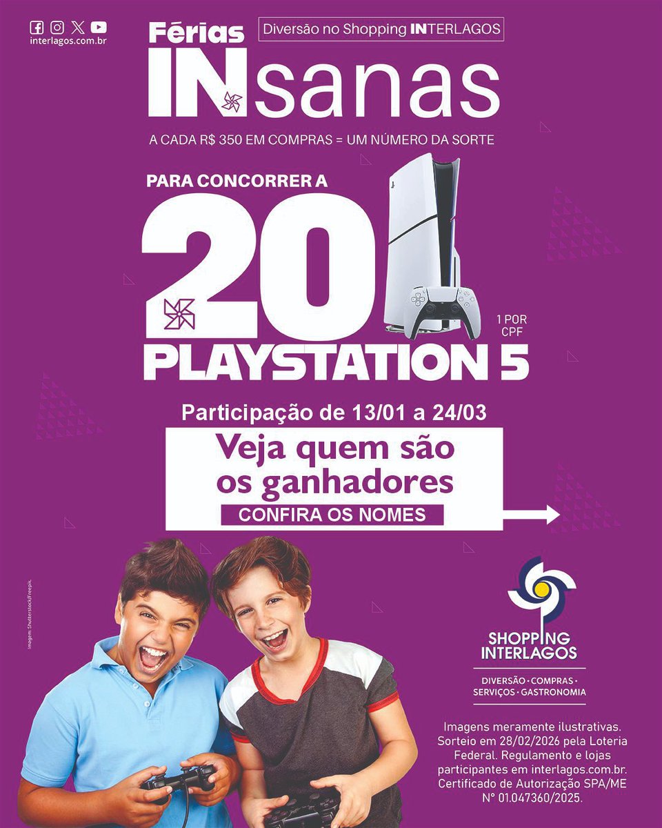 shop_interlagos's tweet photo. Hora de descobrir quem são os ganhadores dos 20 PlayStation 5! Os nomes já estão disponíveis. 🎮 Acesse e veja todos os detalhes: https://t.co/VzghRdr6Bh

#ShoppingInterlagos #Playstation https://t.co/vg4Xr9rj8M
