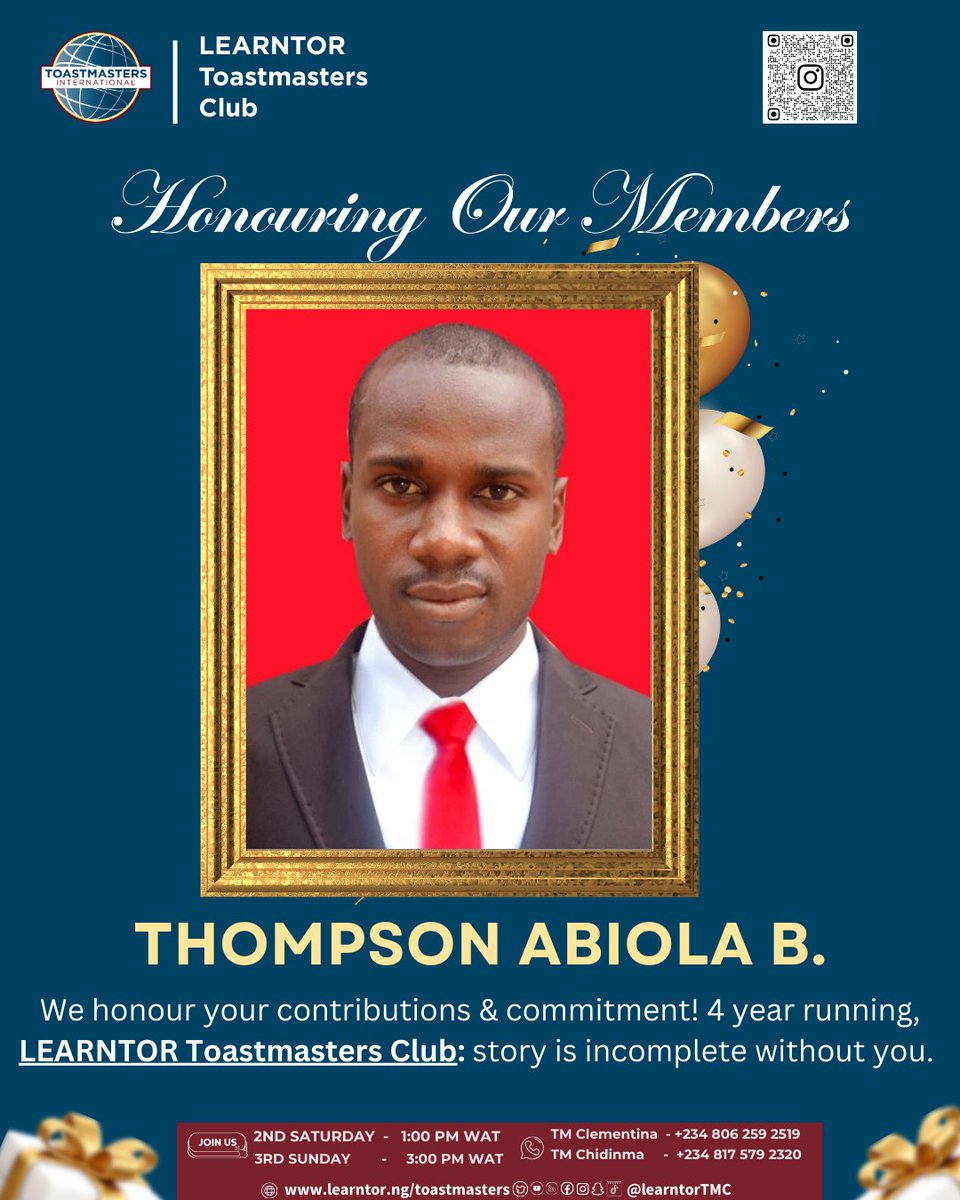 “Legacy is built by people who show up.”

<a href="/learntortmc/">Learntor Toastmasters Club</a>

 is almost 5 years strong; thank you to our member! 🙏🏽💛
Our story is incomplete without you, Thompson Abiola B.

Would you like to join us our meeting?! 👇

#LearntorToastmasters #ToastmastersNigeria #Toastmasters