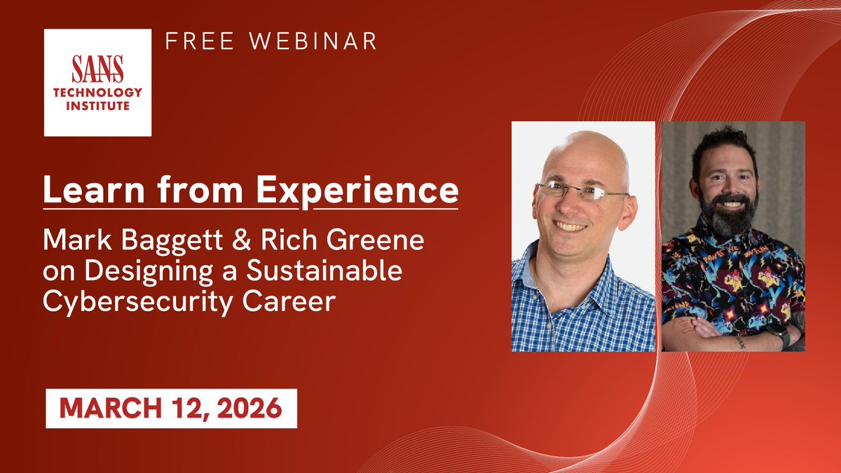 SANS_EDU's tweet photo. Build a career as resilient as the networks you defend. 🛡️ 

Join @MarkBaggett and @secgreene on March 12 for an exclusive live webinar on building a career that lasts: https://t.co/uDLWxftToe https://t.co/EbaRQipn5v