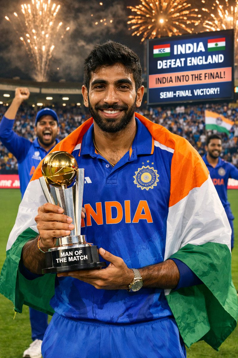 Harsh_OfficialX's tweet photo. Dominating the semifinal! 🇮🇳🔥
India defeats England and storms into the final.
For me, Jasprit Bumrah is the real Man of the Match! 💙🏏 #INDvsENG #TeamIndia”
#Indian https://t.co/Al7VO1s5zu
