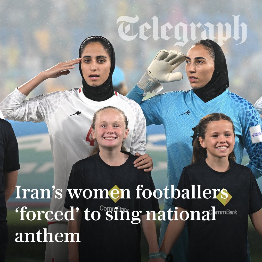 TeleFootball's tweet photo. Iran’s women’s footballers sang their country’s national anthem before their latest Asian Cup match days after refusing to do so.

The squad also saluted while Mehr-e Khavaran was played before kick-off of their 4-0 defeat against hosts Australia, sparking accusations they had been “forced” into it.

Find out more ⬇️
https://t.co/ux18KoqB6M