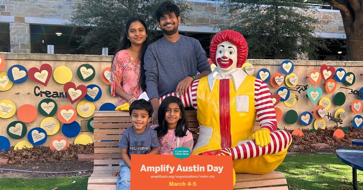 RMHCCTX's tweet photo. Amplify Austin is here.

Today, our community comes together to make sure families with hospitalized children have a place to rest, a hot meal, and the support they need just steps from the hospital.

Support  @RMHCCTX, help keep families close! 💛🏠
https://t.co/MJ5Equ1gB3 https://t.co/02rVAYdGU9