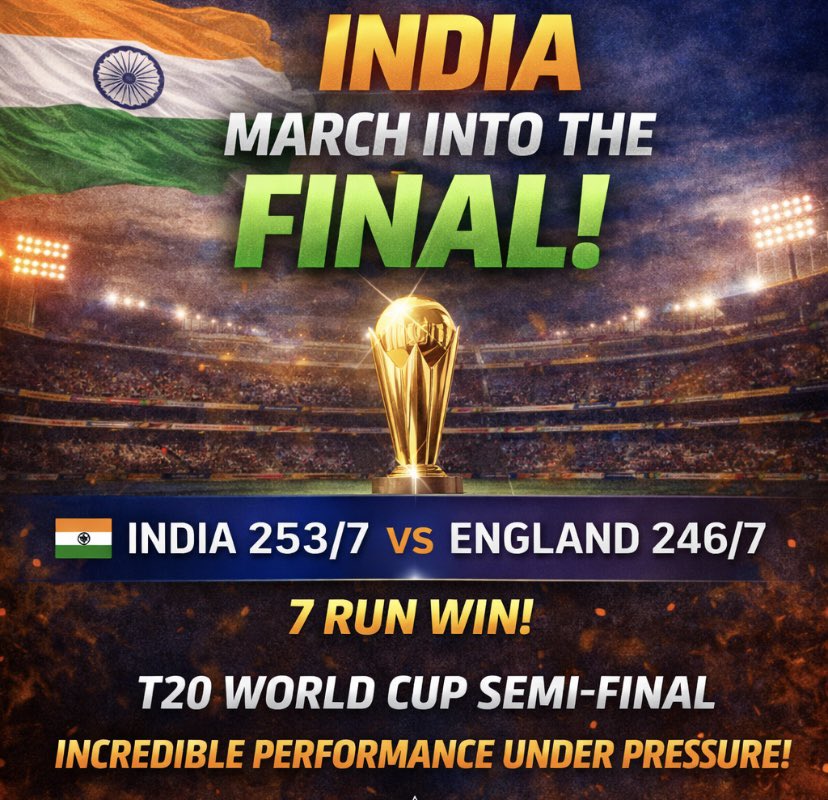 WarriorSpiritHQ's tweet photo. What a semifinal ￼🔥
England pushed the chase deep thanks to Jacob Bethell’s brilliant 105 off 48, but chasing 254 was always going to demand something extraordinary.
India survive a massive scare and march into the Final.
Cricket at its dramatic best.

#INDvsENG #ICCT20WorldCup2026 #Cricket