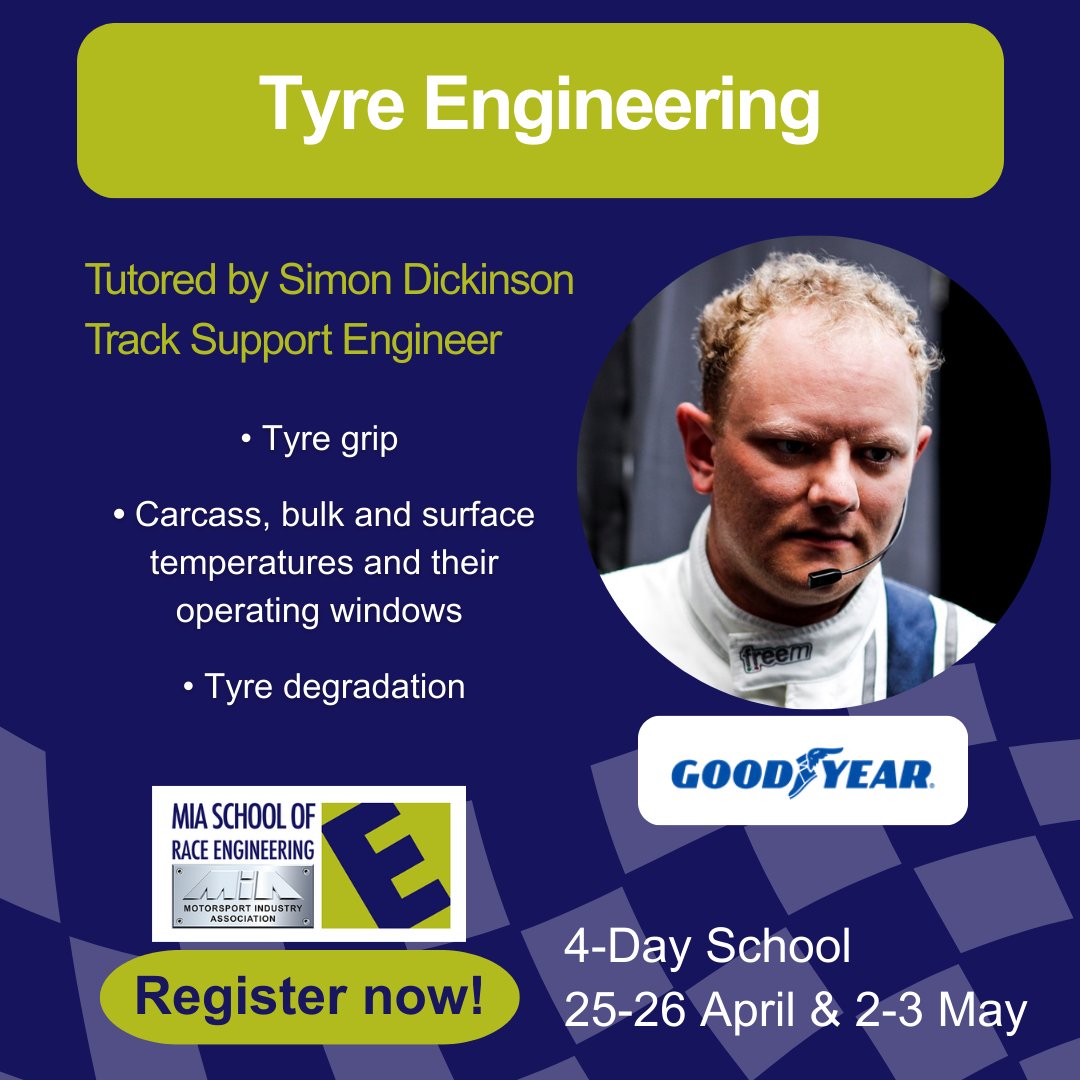 During our 4 Day in-person MIA School of Race Engineering, Simon Dickinson, Track Support Engineer for Goodyear, will share how engineers manage tyres during a race weekend 🏁

🏎️ Join our MIA School of Race Engineering to start your motorsport journey now bit.ly/46t1CKS
