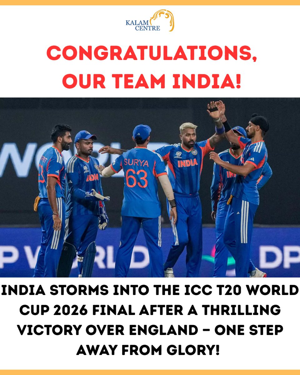 KalamCenter's tweet photo. Congratulations, Team India! 🇮🇳🏏
A brilliant victory over England and now India marches into the ICC T20 World Cup 2026 Final. One more step to bring the trophy home! 🔥

#TeamIndia #INDvsENG #T20WorldCup #T20WorldCup2026 #IndiaIntoFinal #Cricket #IndianCricket #BleedBlue #WorldCupFinal #ProudMoment