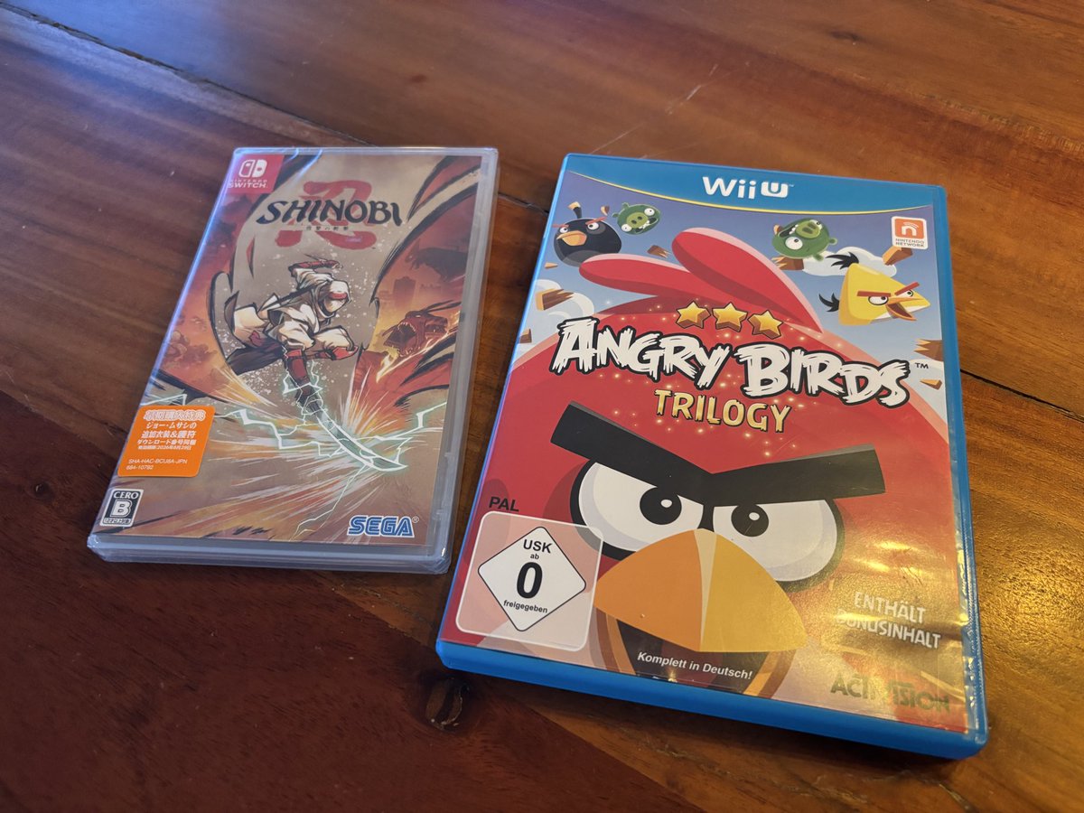 SaiBot444's tweet photo. Heute mal wieder bei #ConsoleMania in Aschaffenburg gewesen und diese 2 Games mitgenommen 😄 Angry Birds fehlte noch auf dem Weg zu einem eventuellen WiiU Pal Fullset. Dazu die jap. Version von #Shinobi, komplett auf Karte. 😁 https://t.co/TE3Izsmidw