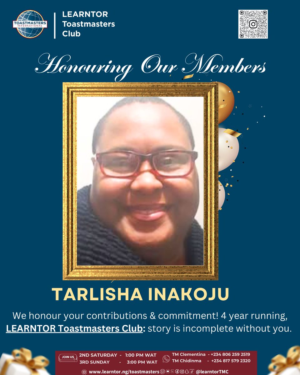 “Legacy is built by people who show up.”

<a href="/learntortmc/">Learntor Toastmasters Club</a>

 is almost 5 years strong; thank you to our member! 🙏🏽💛
Our story is incomplete without you, Tarlisha Inakoju

Would you like to join us our meeting?! 👇

#LearntorToastmasters #ToastmastersNigeria #Toastmasters