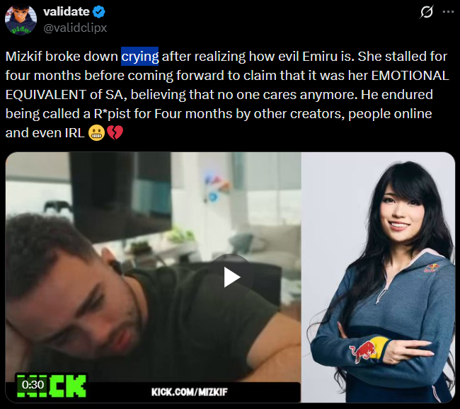 >Mizkif laughs about me almost dying 2 weeks ago. Excited I lost everything

>Mizkif calls me a pedo over fiction and helps get people to harass me

>Mizkif now crys about being called a R*pist by content creators for months

>People trying to say I should feel bad for him

Nah.