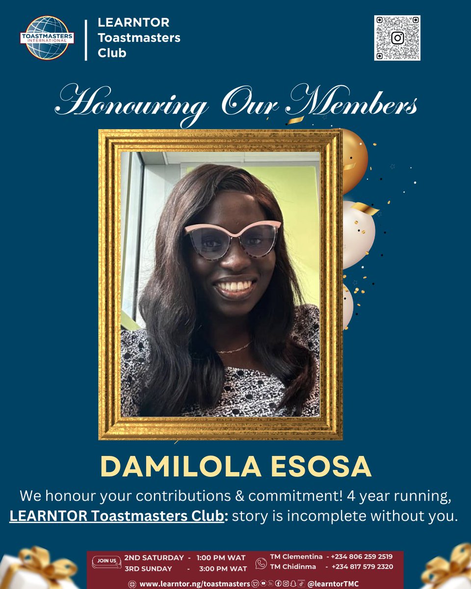 “Legacy is built by people who show up.”

<a href="/learntortmc/">Learntor Toastmasters Club</a>

 is almost 5 years strong; thank you to our member! 🙏🏽💛
Our story is incomplete without you, Damilola Esosa

Would you like to join us our meeting?! 👇

#LearntorToastmasters #ToastmastersNigeria #Toastmasters