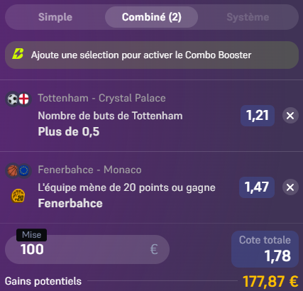 PALIER 1 ⤵️

⚽️ Tottenham vs Crystal Palace
🎯 +0.5 buts Tottenham

🏀 Fenerbahce vs Monaco (basket)
🎯 Fenerbahce gagne

📊 <a href="/1/">1</a>.78