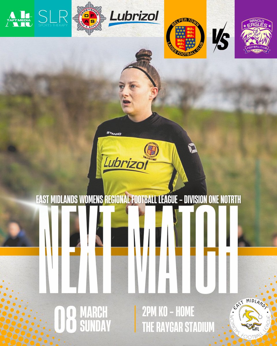 𝐓𝐇𝐈𝐒 𝐒𝐔𝐍𝐃𝐀𝐘:

📑 EMWRFL Division One North

🆚 Arnold Eagles FC Women

🗓️ March 8th, 𝟤𝟢𝟤6

⌚️ 2𝖯𝖬

📍 The Raygar Stadium
Christchurch Meadows, Bridge St, Belper, DE56 1BA

Get yourselves down to The Raygar Stadium to support the nailers.

🖤💛