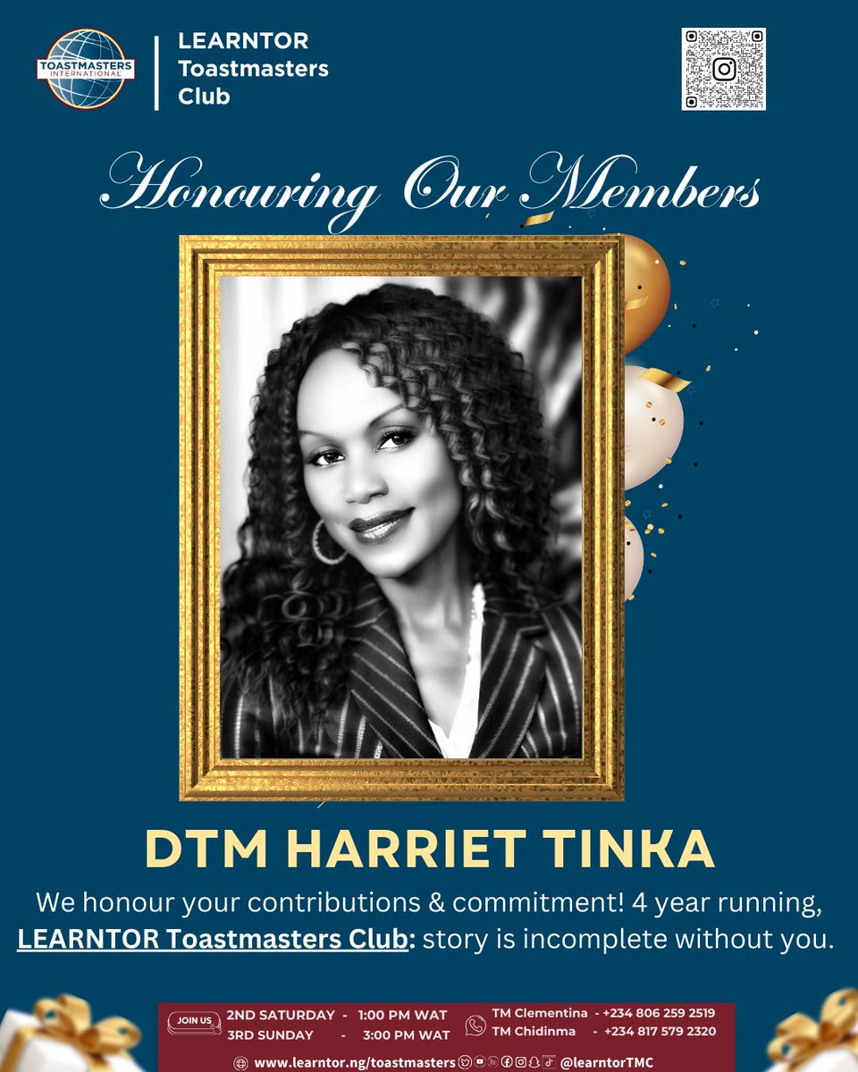 “Legacy is built by people who show up.”

<a href="/learntortmc/">Learntor Toastmasters Club</a>

 is almost 5 years strong; thank you to our member! 🙏🏽💛
Our story is incomplete without you, DTM Harriet Tinka

Would you like to join us our meeting?! 👇

#LearntorToastmasters #ToastmastersNigeria #Toastmasters