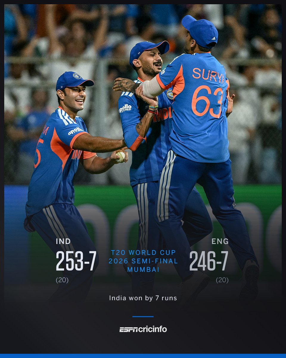 cricinfo's tweet photo. India come out on top in the highest-scoring match in #T20WorldCup history to book a spot in the final! 

Scorecard: https://t.co/uKuljeLid4 https://t.co/JW1IefwxtB