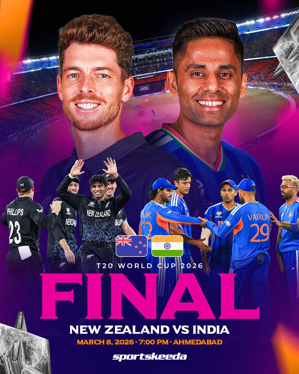 Sportskeeda's tweet image. Mark your calendars! 🗓️🔥

It’s a repeat of the Champions Trophy 2025 Final in the T20 World Cup 2026 Final. 🇮🇳🇳🇿

Who will come out on top? 🏆

#NZvIND #T20WorldCup