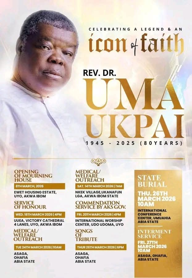 Official obsequies announcement for our father, Rev. Dr. Uma Ukpai. 

Please save the flyer, join in thanksgiving and prayers, and contact only the official channels for all enquiries. 

Dr. Uma Ukpai.

 God bless you........