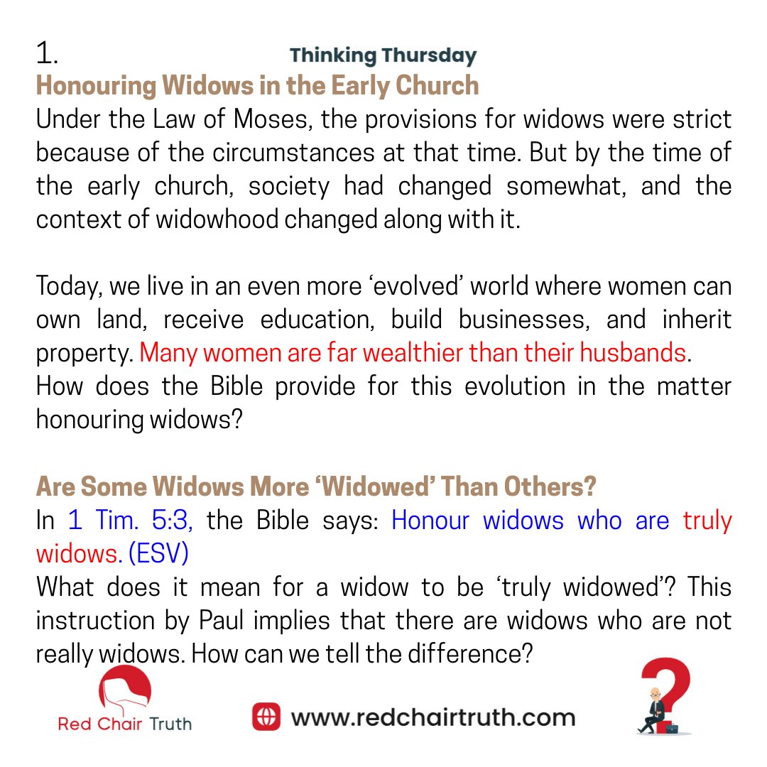 redchairtruth1's tweet image. Today, we live in a more ‘evolved’ world where many women earn way more than their husbands. 
How does the Bible provide for these widows and for 'more widowed' widows? 

Let's find out on Today's Thinking Thursday!

#RedChairTruth #ThinkingThursday #ItaUdoh #Christianblog #RCT