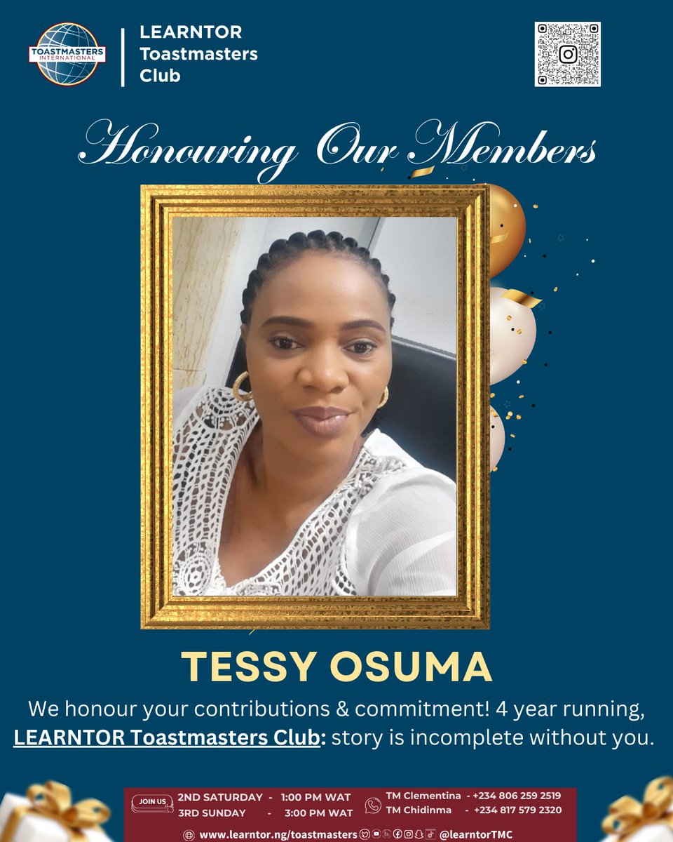 “Legacy is built by people who show up.”

<a href="/learntortmc/">Learntor Toastmasters Club</a>

 is almost 5 years strong; thank you to our member! 🙏🏽💛
Our story is incomplete without you, Tessy Osuma

Would you like to join us our meeting?! 👇

#LearntorToastmasters #ToastmastersNigeria #Toastmasters