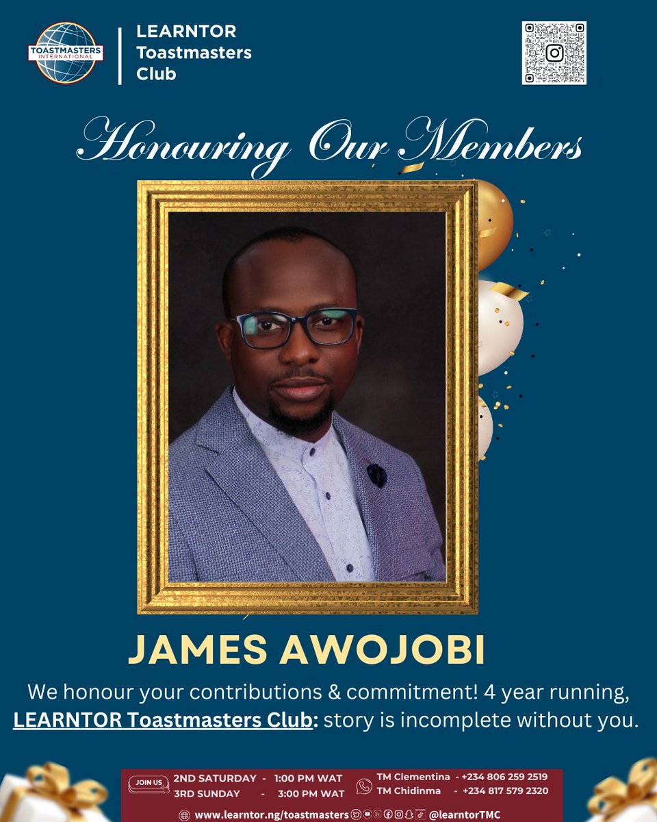 “Legacy is built by people who show up.”

<a href="/learntortmc/">Learntor Toastmasters Club</a>

 is almost 5 years strong; thank you to our member! 🙏🏽💛
Our story is incomplete without you, James Awojobi

Would you like to join us our meeting?! 👇

#LearntorToastmasters #ToastmastersNigeria #Toastmasters