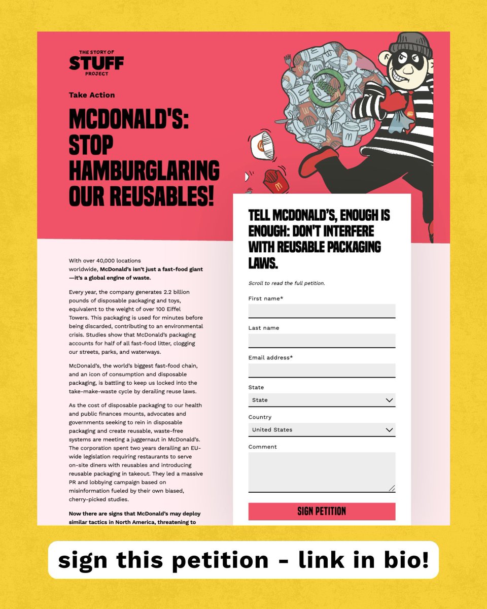 storyofstuff's tweet photo. Big Arch burger. Big waste problem.

McDonald’s generates 2.2 billion pounds of disposable packaging every year. Tell them to stop hamburglaring our reusables! 📣 Sign the petition here:
https://t.co/OteRwaIguK https://t.co/YcE25wes4Q
