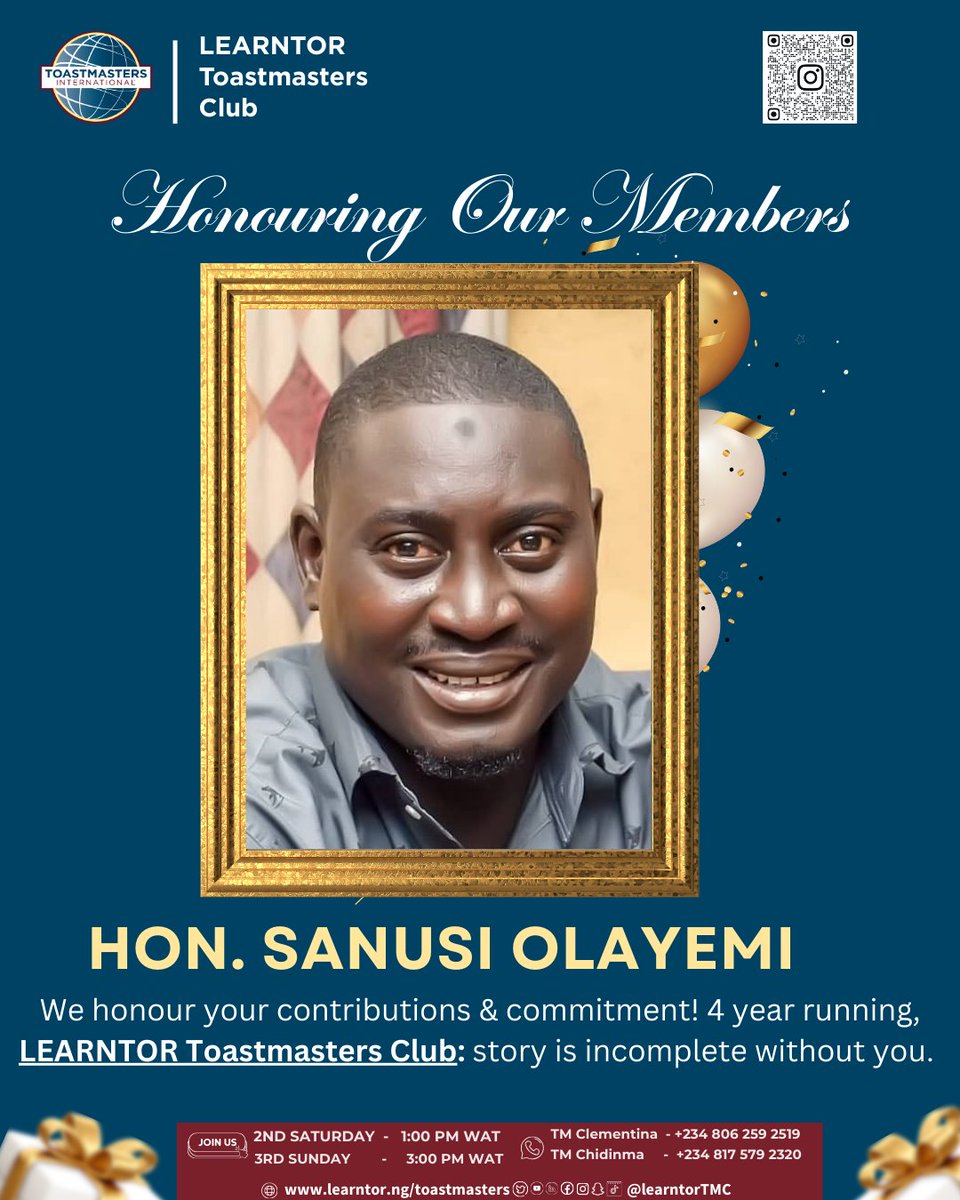 “Legacy is built by people who show up.”

<a href="/learntortmc/">Learntor Toastmasters Club</a>

 is almost 5 years strong; thank you to our member! 🙏🏽💛
Our story is incomplete without you, Hon. Sanusi Olayemi

Would you like to join us our meeting?! 👇

#LearntorToastmasters #ToastmastersNigeria #Toastmasters