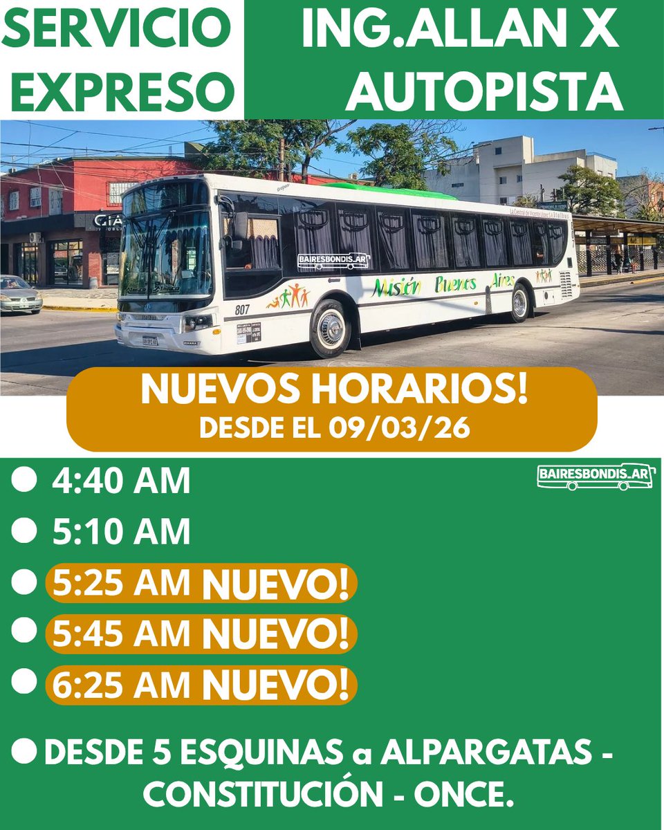 bairesbondis's tweet photo. 🚨ATENCIÓN usuarios de la #linea197
✅El servicio expresó desde ing.allan fue un éxito, por lo cual se agregaron 3 nuevos horarios al servicio.
❌ Los horarios en cuestión suplantan el servicio de los COMUNES, los cuales pasan a salir desde ALPARGATAS.
@CiudadDeBondis https://t.co/mMjlD9znXD