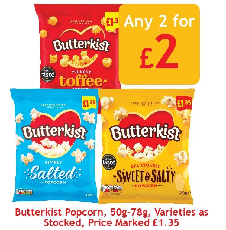 coopkilbowie's tweet image. 🍿✨ Movie night made better

Butterkist Popcorn 50g to 78g varieties as stocked now any 2 for £2 😍
Price marked £1.35 each

Sweet or salty. Light and crunchy. Perfect for sharing.

Grab two and enjoy the savings 🙌

#Butterkist #MovieNight #SnackTime #GreatValue