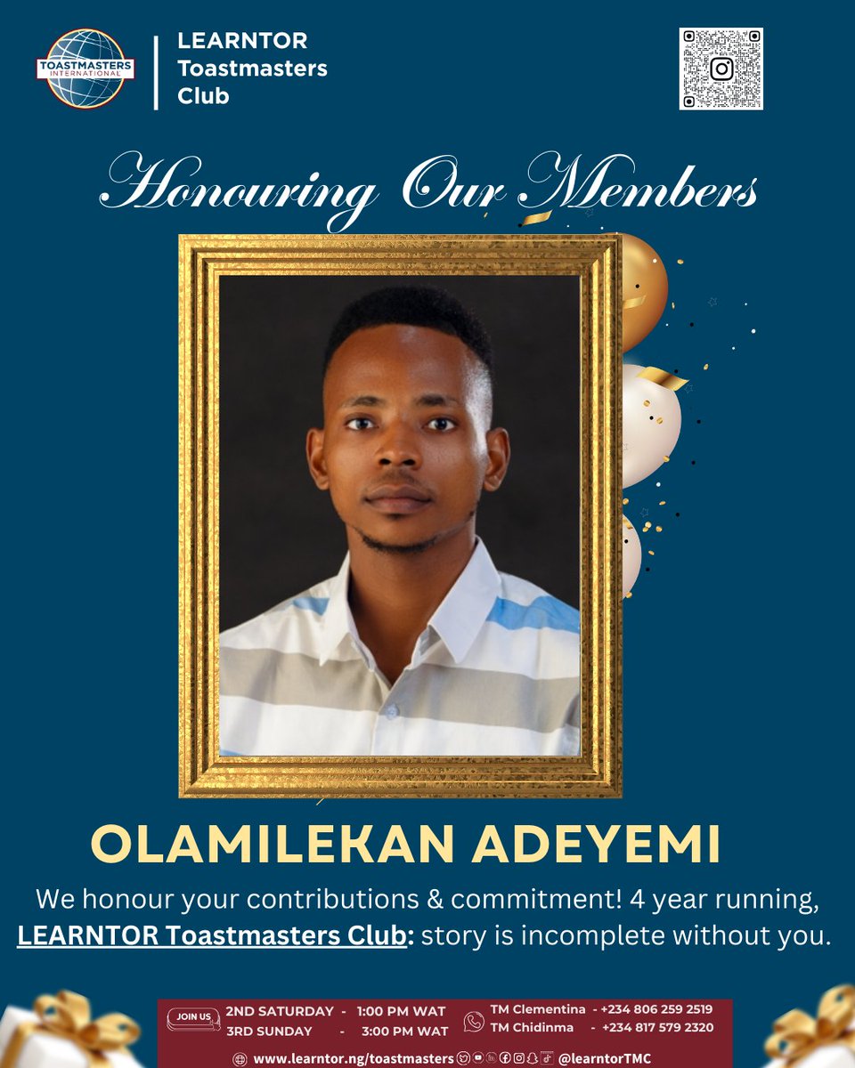“Legacy is built by people who show up.”

<a href="/learntortmc/">Learntor Toastmasters Club</a>

 is almost 5 years strong; thank you to our member! 🙏🏽💛
Our story is incomplete without you, Olamilekan Adeyemi

Would you like to join us our meeting?! 👇

#LearntorToastmasters #ToastmastersNigeria #Toastmasters