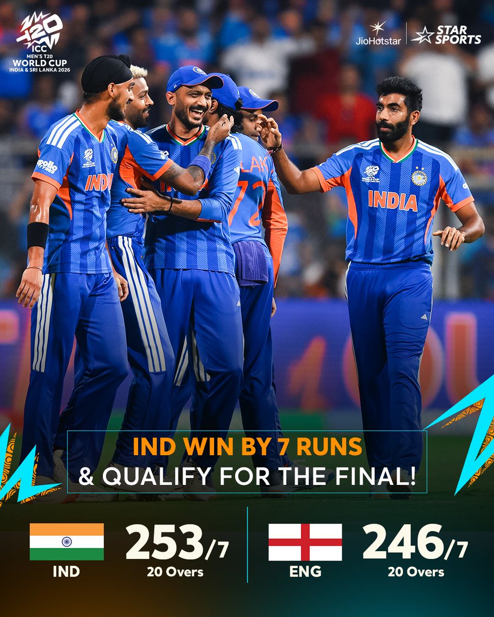 INDIA HAVE DONE IT! 🇮🇳🔥
​253 runs on the board. A 7-run thriller. The defending champions are headed to the FINAL! 🏆
​This team is inevitable. This team is special. This team is bringing it home! 🏟️💙 <a href="/BCCI/">BCCI</a>
​#T20WorldCup #INDvENG #TeamIndia #BleedBlue