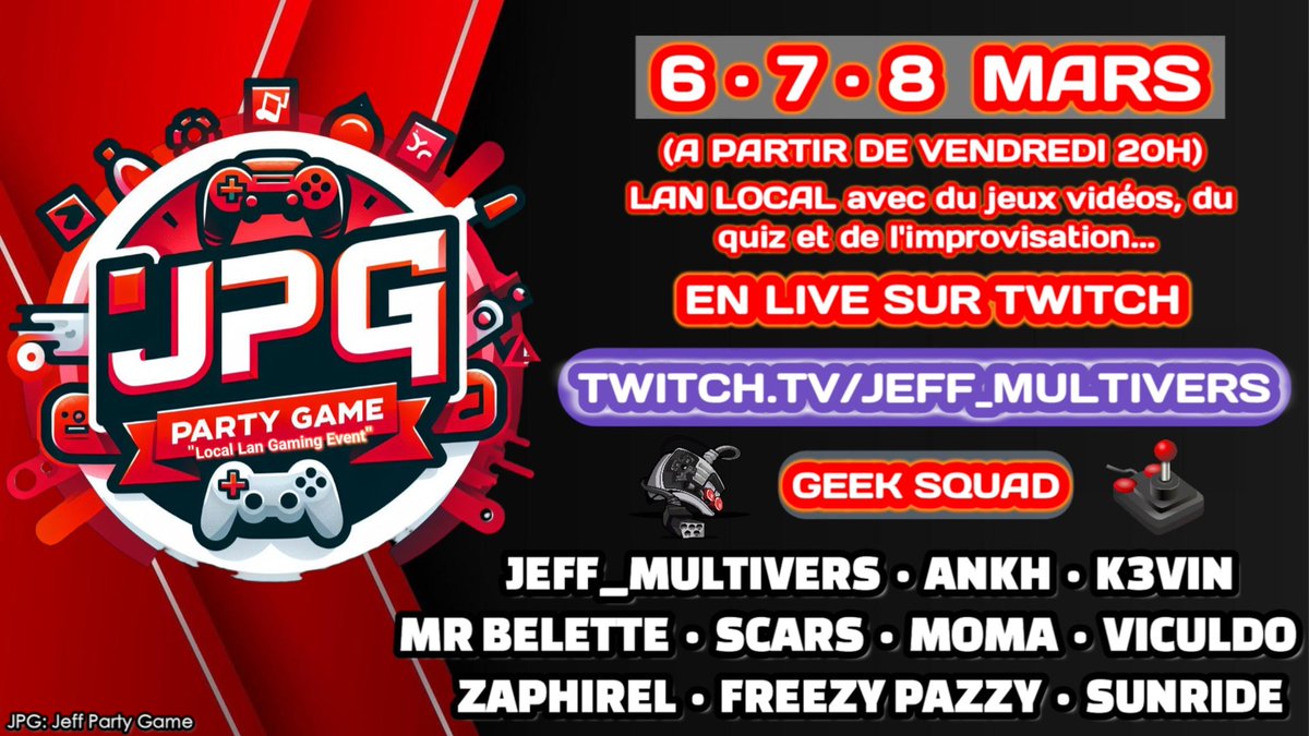 Jeff_Multivers's tweet image. ▶️ LA "JPG - JEFF PARTY GAME 2026"  
🎮C'EST PARTIE! 💥🥰
🟣 Sur #TWITCH --&amp;gt; twitch.tv/jeff_multivers
DU VENDREDI 06/03 au DIMANCHE 08/03 
▶️ LAN JEUX VIDEOS/QUIZ/FLECHETTES... 
#live #lan #gaming #vendee #jeuvidéo #event #quiz #streamer #streaming #france #game #gamer