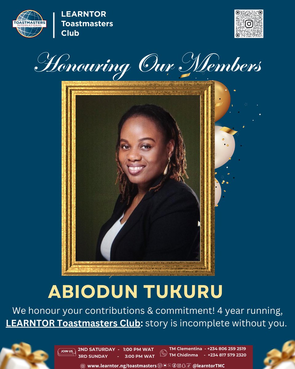 “Legacy is built by people who show up.”

<a href="/learntortmc/">Learntor Toastmasters Club</a>

 is almost 5 years strong; thank you to our member! 🙏🏽💛
Our story is incomplete without you, Abiodun Tukuru

Would you like to join us our meeting?! 👇

#LearntorToastmasters #ToastmastersNigeria #Toastmasters