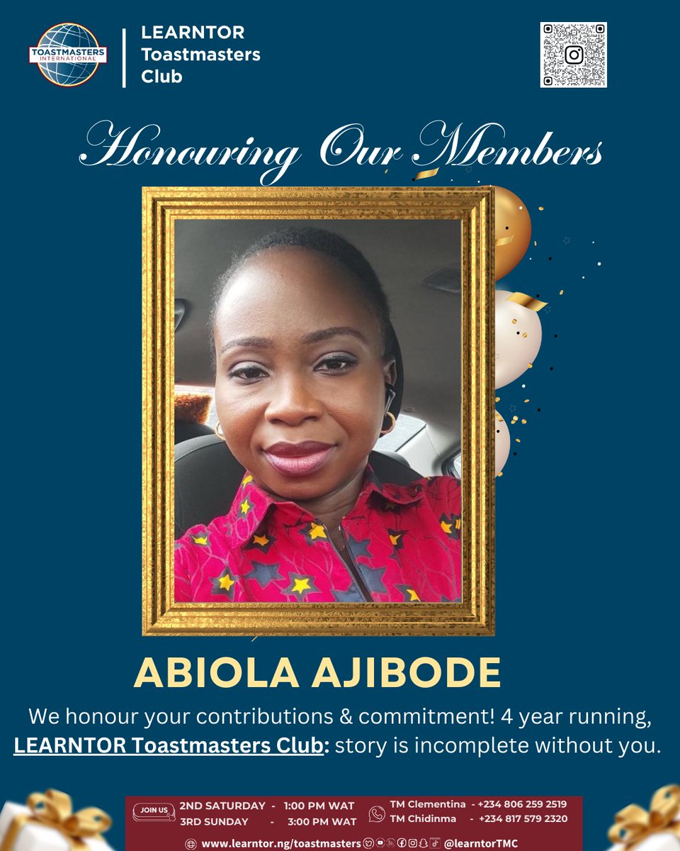 “Legacy is built by people who show up.”

<a href="/learntortmc/">Learntor Toastmasters Club</a>

 is almost 5 years strong; thank you to our member! 🙏🏽💛
Our story is incomplete without you, Abiola Ajibode

Would you like to join us our meeting?! 👇

#LearntorToastmasters #ToastmastersNigeria #Toastmasters