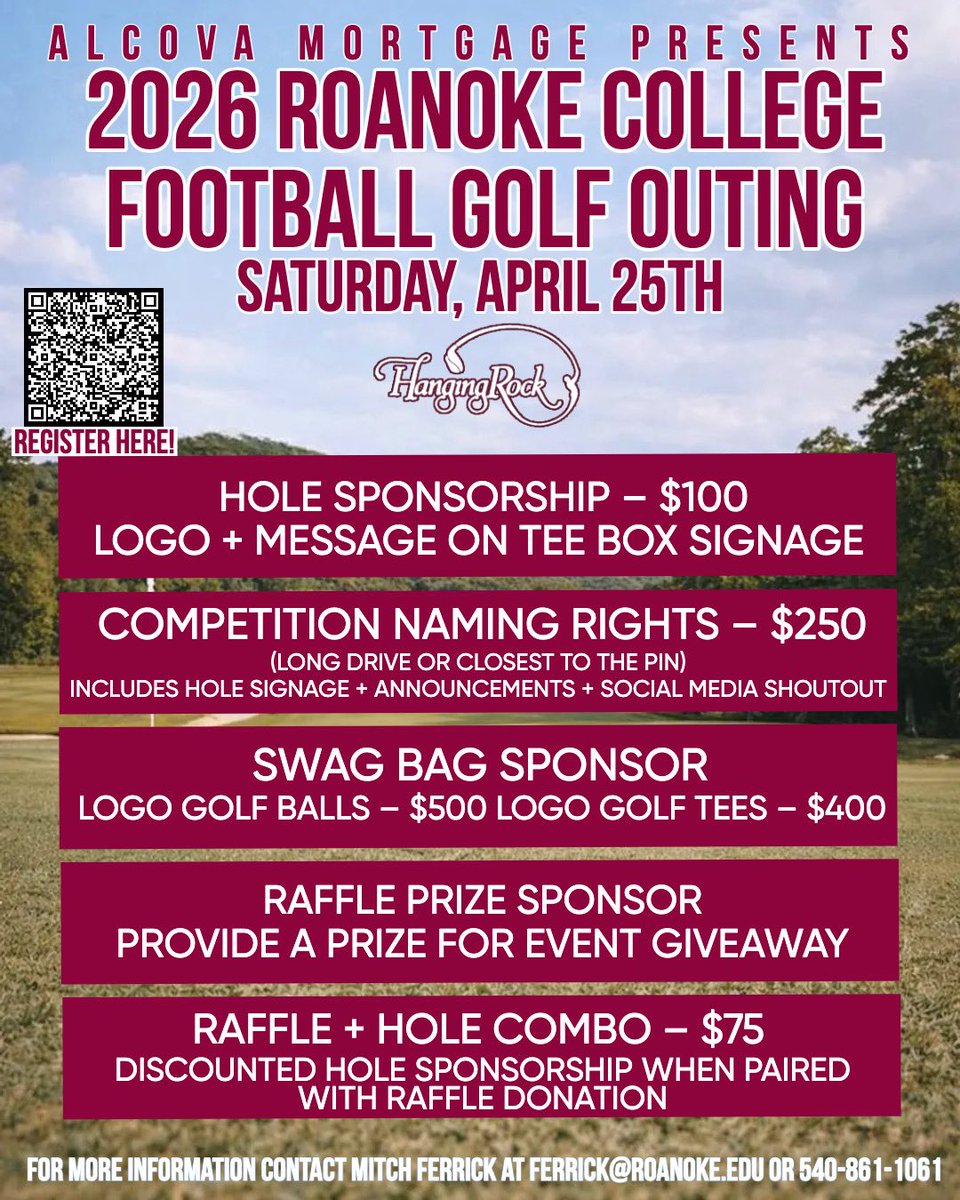 RoanokeFB's tweet photo. Join us for our annual golf outing sponsored by #ALCOVA Mortgage. Participate by registering a team, choosing a sponsorship opportunity, or BOTH! 

🏌️‍♂️Hanging Rock Golf Club
🗓️April 25
���️$100 (golf, lunch, social, swag bag)
🎁Raffle prizes

Use the QR code to sign up #WinTheOUTS https://t.co/Ie3j56RsTs