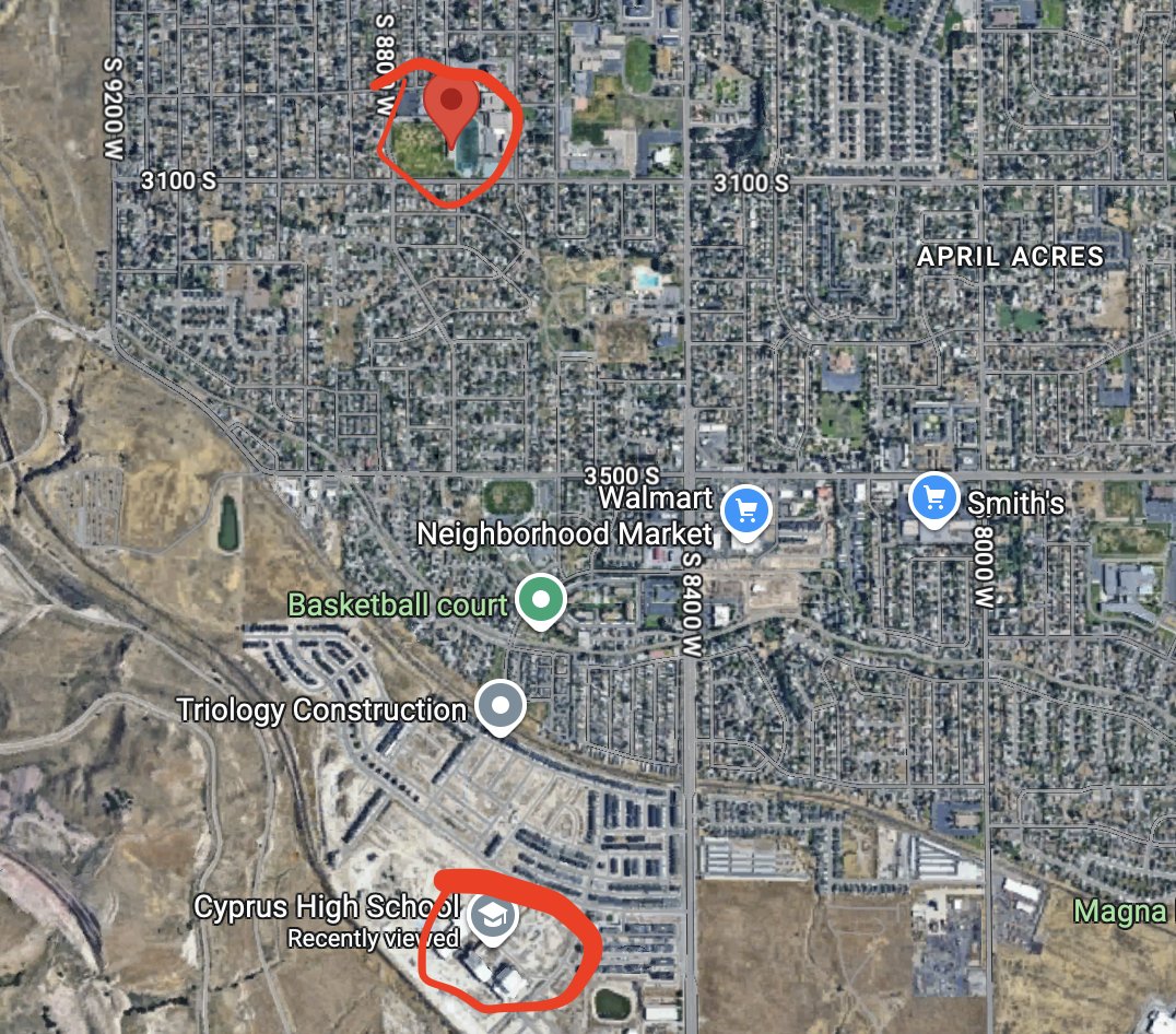 Cyprus High School used to be located in the walkable heart of Magna. It was moved to the car-centric edge of town, where student must drive back and forth, increasing risk of crashes. 

The district's decision would've been based on "cost" but we're asking the wrong questions.