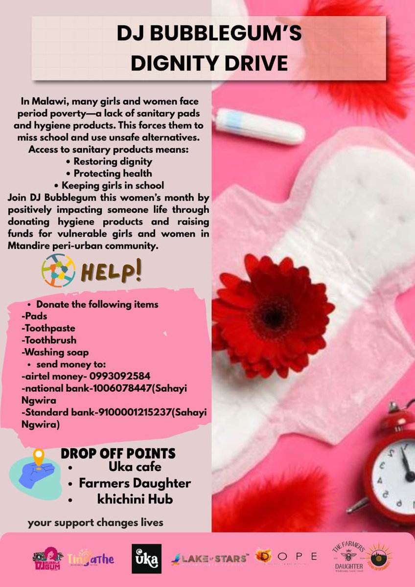 King4thNov's tweet photo. Together we can restore dignity. ❤️
Join DJ Bubblegum’s Dignity Drive this Women’s Month by donating sanitary pads and hygiene products to support girls and women in Mtandire.
Every contribution matters.
#DignityDrive
#WomensMonth https://t.co/H0yNdIcKkO