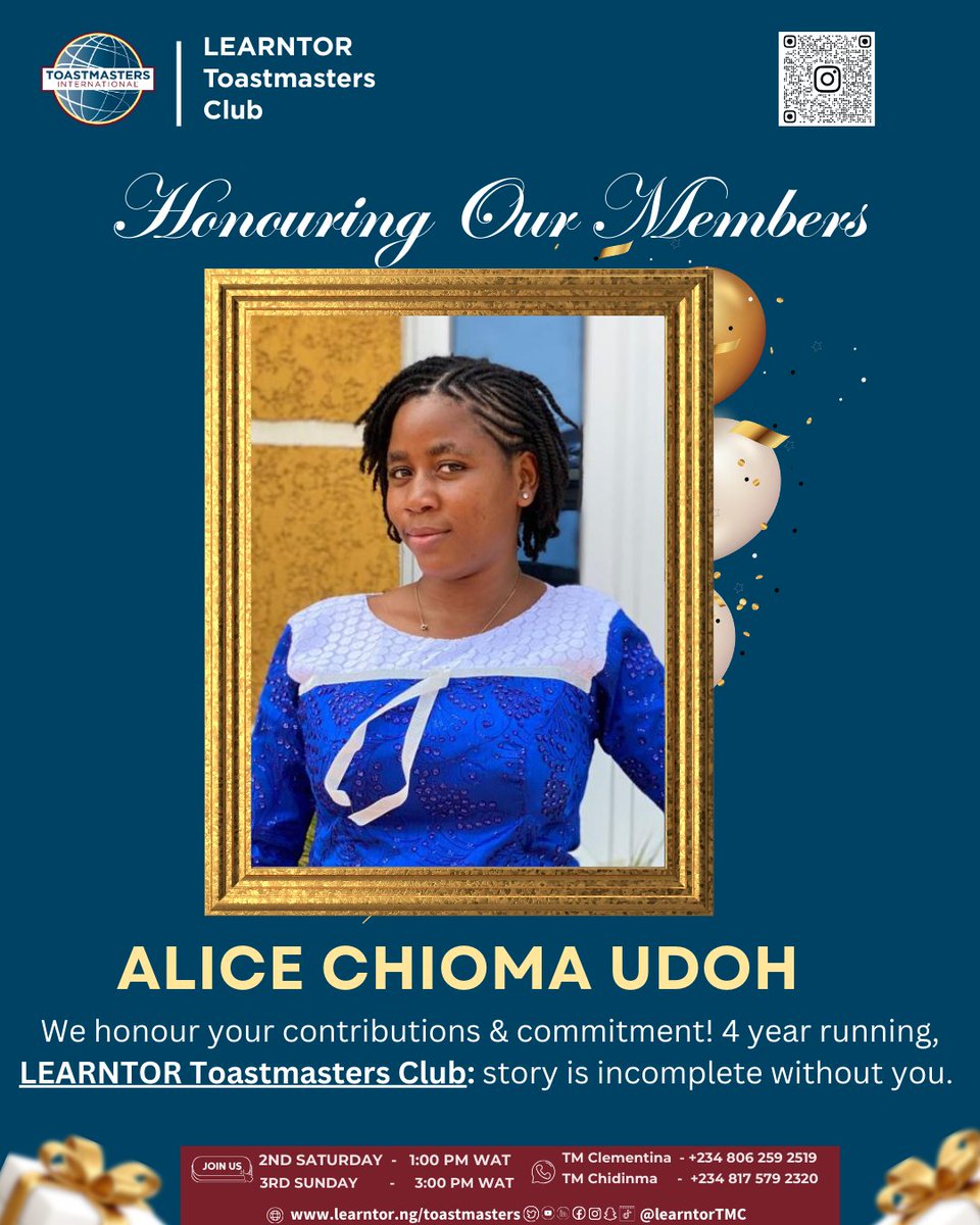 “Legacy is built by people who show up.”

<a href="/learntortmc/">Learntor Toastmasters Club</a>

 is almost 5 years strong; thank you to our member! 🙏🏽💛
Our story is incomplete without you, Udoh Alice Chioma

Would you like to join us our meeting?! 👇

#LearntorToastmasters #ToastmastersNigeria #Toastmasters