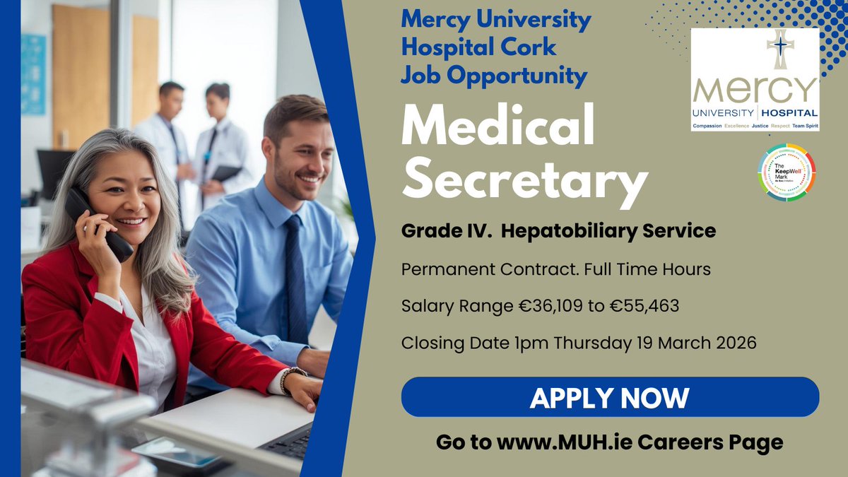 DeeORiordan8's tweet photo. 🌟 @Mercycork Job Opportunity: #MedicalSecretary (#GradeIV) #Hepatobiliary

Perm FT Role. Healthcare admin, #iPMS &amp; #TPro exp desirable.

To apply, see: https://t.co/cSAnuFO4T2

#PublicJobs #HospitalJobs #HSEJobs #MercyUniversityHospital #Administrationjobs #clericalofficer https://t.co/9Ie0pgJwEz