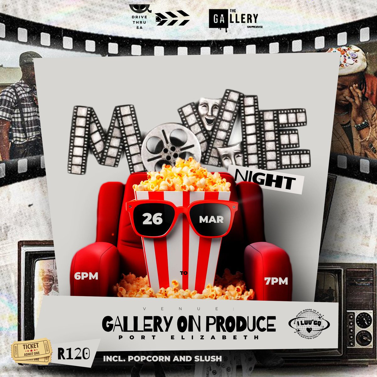 DrivethruSa's tweet photo. Movie Night at Gallery on Produce 🍿 
📍The Gallery on Produce, PE
📅 26th March 2026
⏰6pm for 7pm.

R120 includes popcorn and slush 🍿
Link to ticket : https://t.co/jq0lNFRmoK https://t.co/iuXsxtA4Li