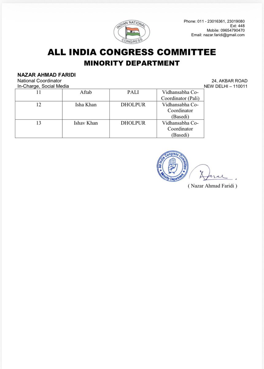 NazarFaridiIND's tweet photo. Hon’ble Chairman AICC Minority Department, Shri Imran Pratapgarhi (Member of Parliament – R.S) has
approved the following list of Rajasthan Pradesh Congress Committee Minority Department (Social Media)
Committee, with immediate effect.
@ShayarImran 
@INCRajasthan @IncminorityRJ @GovindDotasra @mdchopdarinc @JeenalNGala