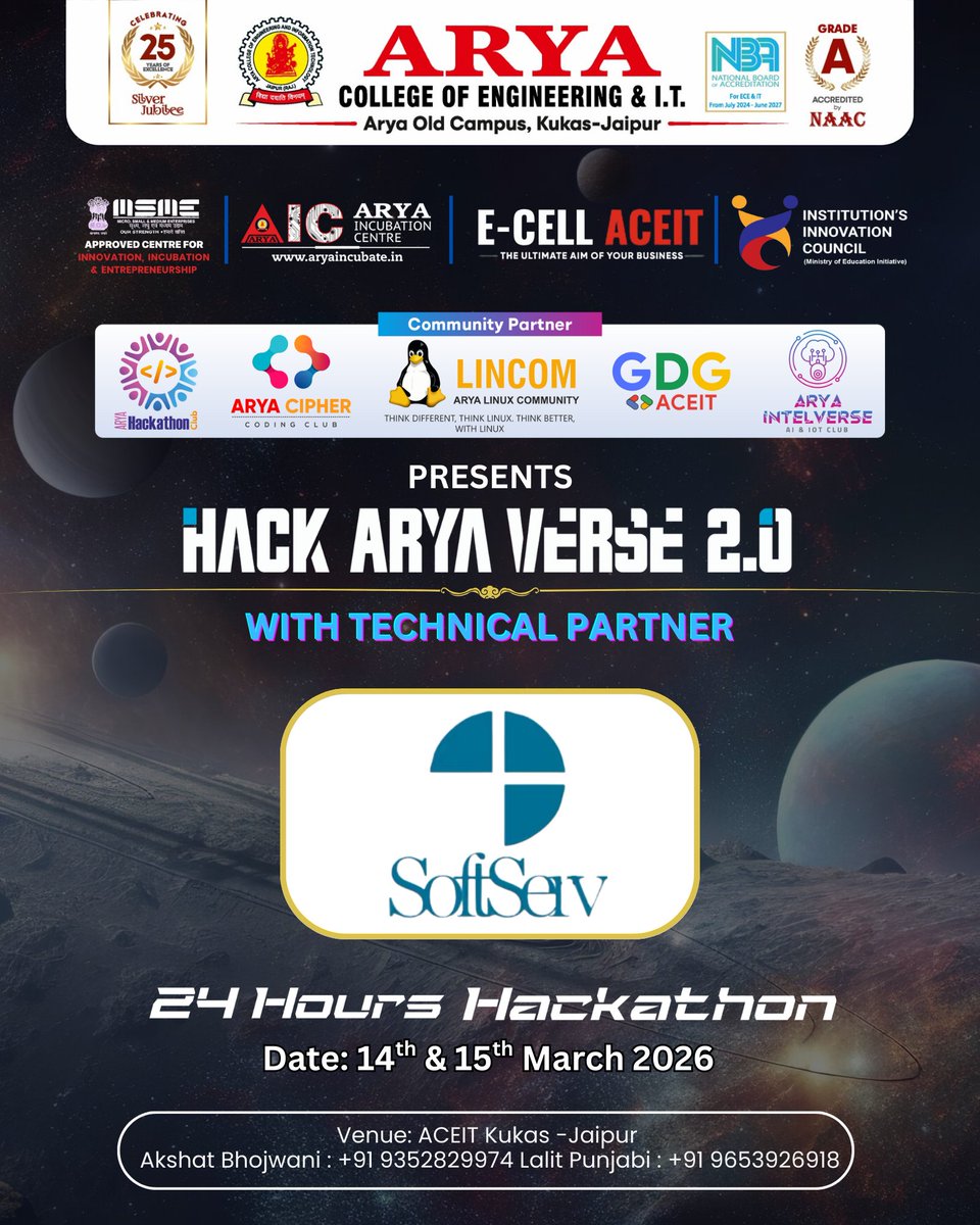 HackAryaVerse's tweet photo. We proudly welcome @devsofsoftserv
as the Technical Partner for Hack Arya Verse 2.0 A 24-hour battlefield of ideas, code, and innovation is waiting for you.
₹5,00,000 Prize Pool
1,00,000 Cash Prize
14-15 March 2026
ACEIT Kukas - Jaipur
#HackAryaVerse #Hackathon2026 https://t.co/7fJfbg9Wqm