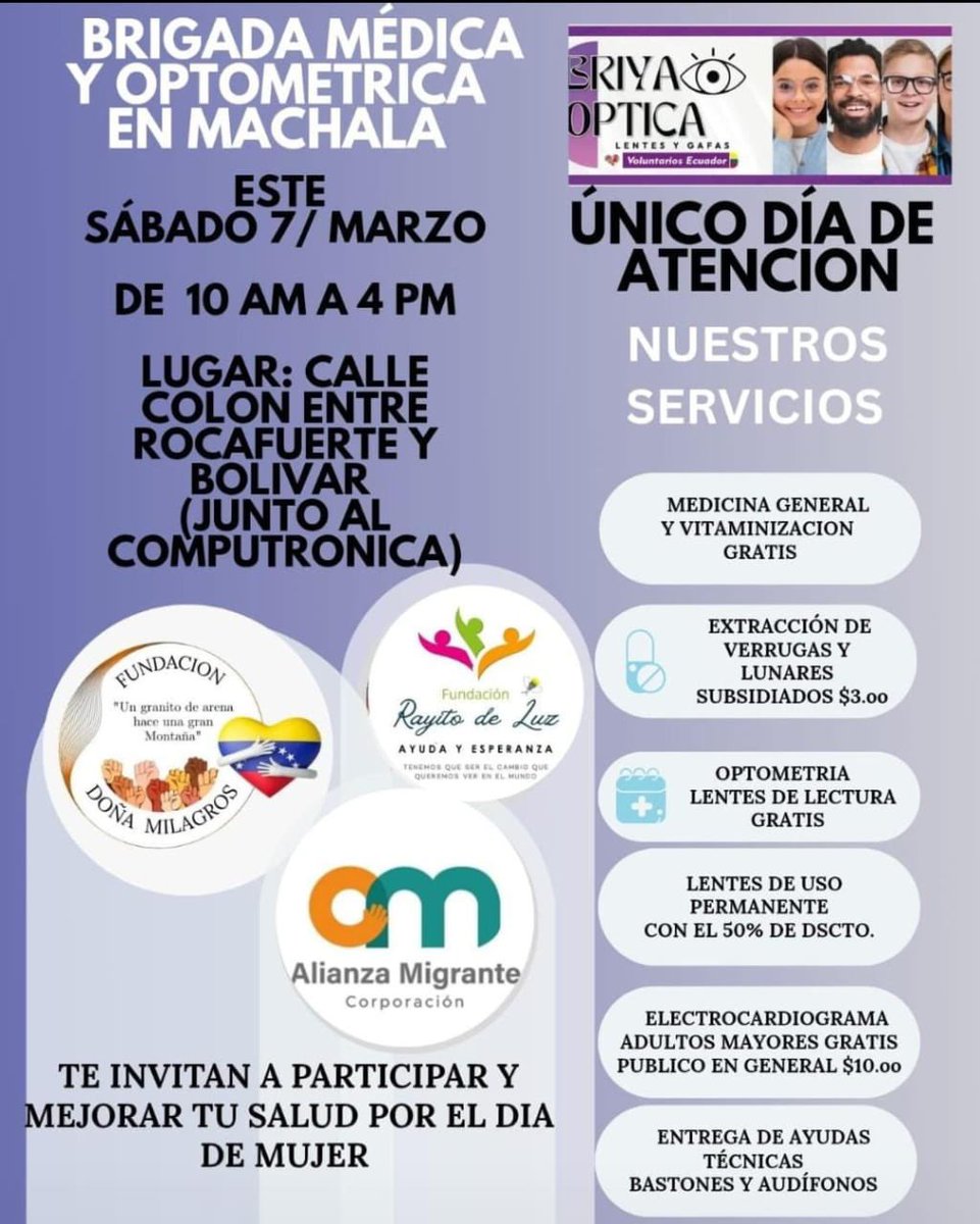 Amigranteecu's tweet photo. 💜 Este #8M Alianza Migrante en territorio con jornadas de salud, derechos y acompañamiento a mujeres migrantes en:
📍 Ibarra
📍 Santo Domingo
📍Machala: Brigada médica y optométrica GRATUITA
🗓 Sábado 7/marzo | 10am-4pm. Calle Colón entre Rocafuerte y Bolívar
#NadaSobreMigrantes https://t.co/MdzXYtOru5