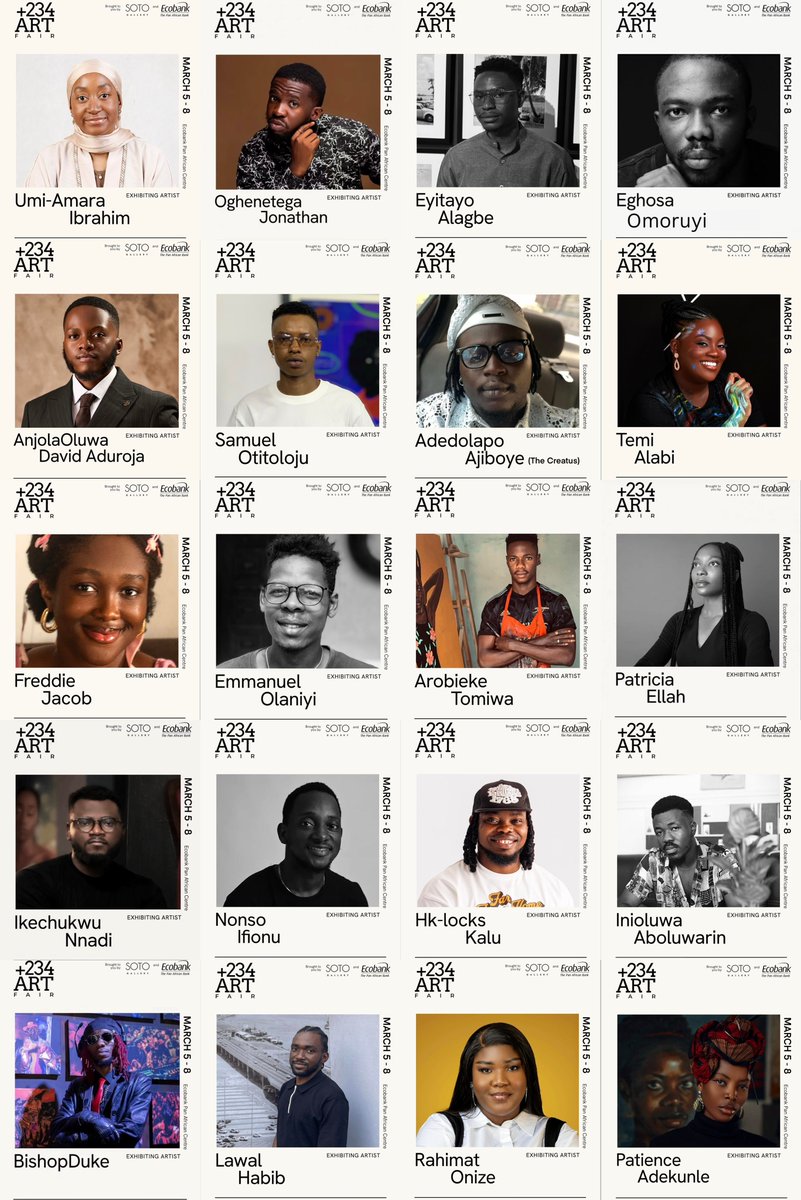 Here are some of the artists exhibiting.

 <a href="/umiamara/">✦ amara skywalker ✦</a> 
Oghenetega Jonathan
<a href="/eyitayoalagbe/">Eyitayo Alagbe</a> 
<a href="/TOBYDPHOTOGRAPH/">TobyDphotographer 🎨</a> 
<a href="/Anjoladave/">AnjolaDave ✦</a> 
Samuel Otiloloju
<a href="/the_creatus/">Adedolapo Ajiboye</a> 
<a href="/tizzleartistry/">Tizzle Artistry | Artist & Illustrator</a> 
<a href="/freddiejacobart/">Freddie Jacob</a> 
<a href="/Abiodun26882754/">Artbiodun</a>
Arobieke Tomiwa
Patricia Ellah
<a href="/NnadiArts1/">Ik Nnadi 🇳🇬</a>
Nonso Ifionu
<a href="/Hk_Locks/">Hk Locks</a>
