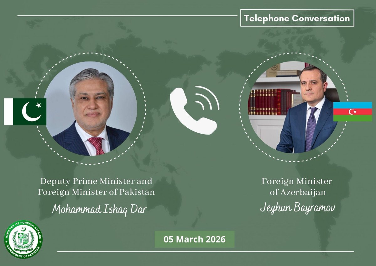 IamAbrarRana's tweet photo. Our DPM/FM of 🇵🇰, Senator Mohammad Ishaq Dar @MIshaqDar50 spoke this evening with FM Jeyhun Bayramov @Bayramov_Jeyhun of 🇦🇿, &amp; reaffirmed 🇵🇰’s solidarity with 🇦🇿 &amp; its people. As a proud 🇵🇰i, I also strongly condemn the drone attacks targeting our brotherly nation of 🇦🇿 today. 🤝 https://t.co/YMBI93fWKd