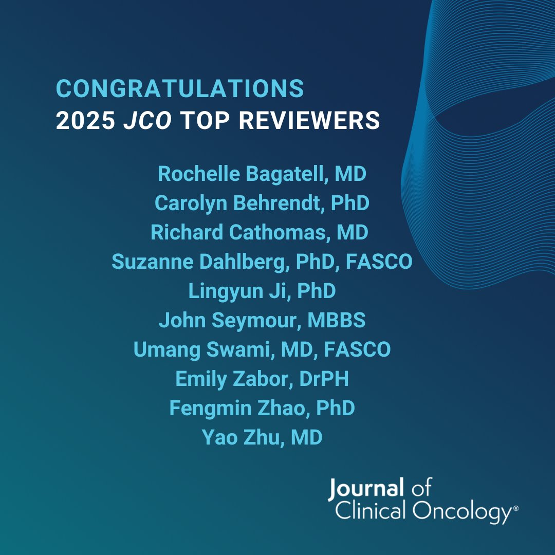 JCO_ASCO's tweet image. Join us in honoring the @JCO_ASCO 2025 Top Reviewers! The journal’s quality is built on their rigorous analysis and scientific integrity. We are grateful for the expertise they provide to advance oncology research. 

Become a reviewer: bit.ly/4b7ep77   
#PeerReview