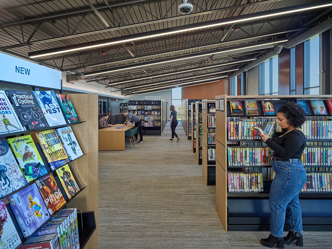Grimes Public Library | Invision Architecture 

Inspired by sustainability, community, and the form and texture of books, the library features light-filled spaces, flexible program areas, and passive strategies that reduce energy use by 63%. Congrats, Invision Architecture!